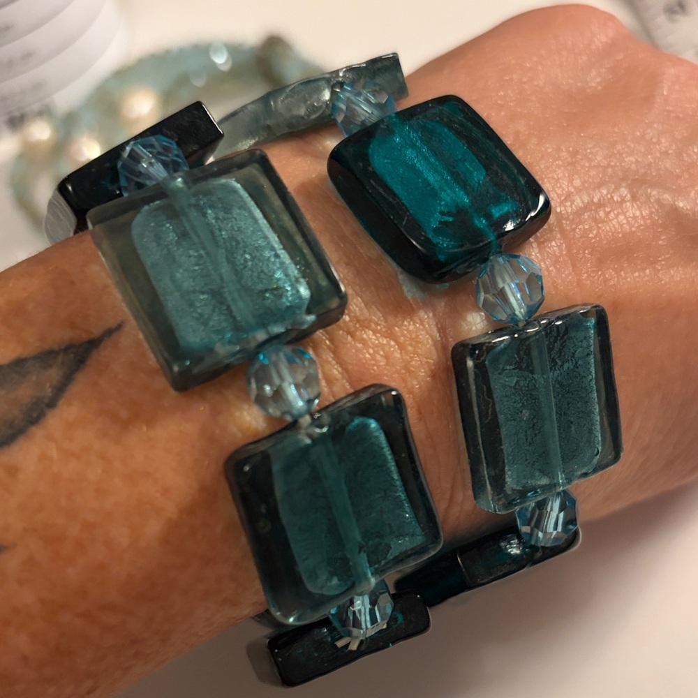 2 Teal and Black Square Glass Beaded Stretch Bracelets